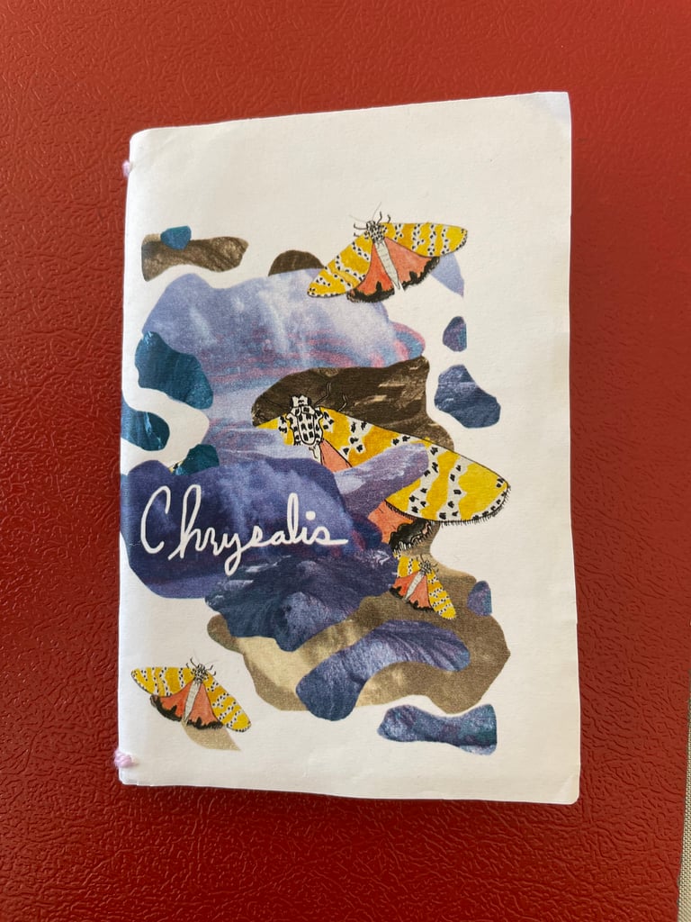 a poetry zine featuring a collage and a watercolor moth on the cover